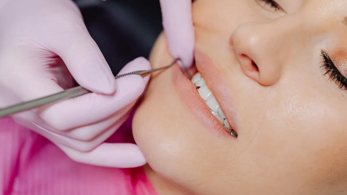 Dentista colocando y revisando una corona de circonio en la boca de un paciente